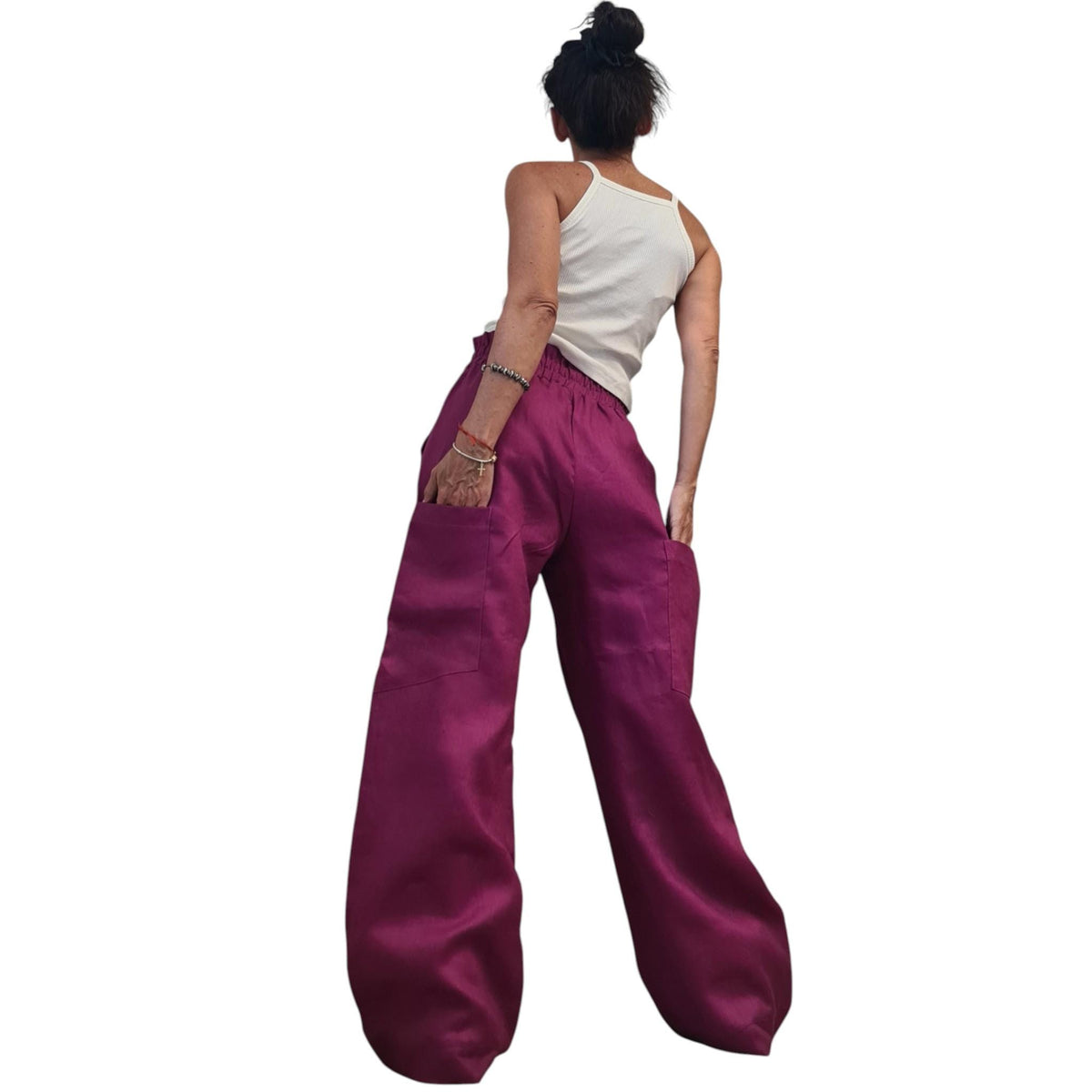 Magenta Linen Set, Asymmetrical Shirt, Trousers Wide Legs, Two Piece Boho Summer Clothing