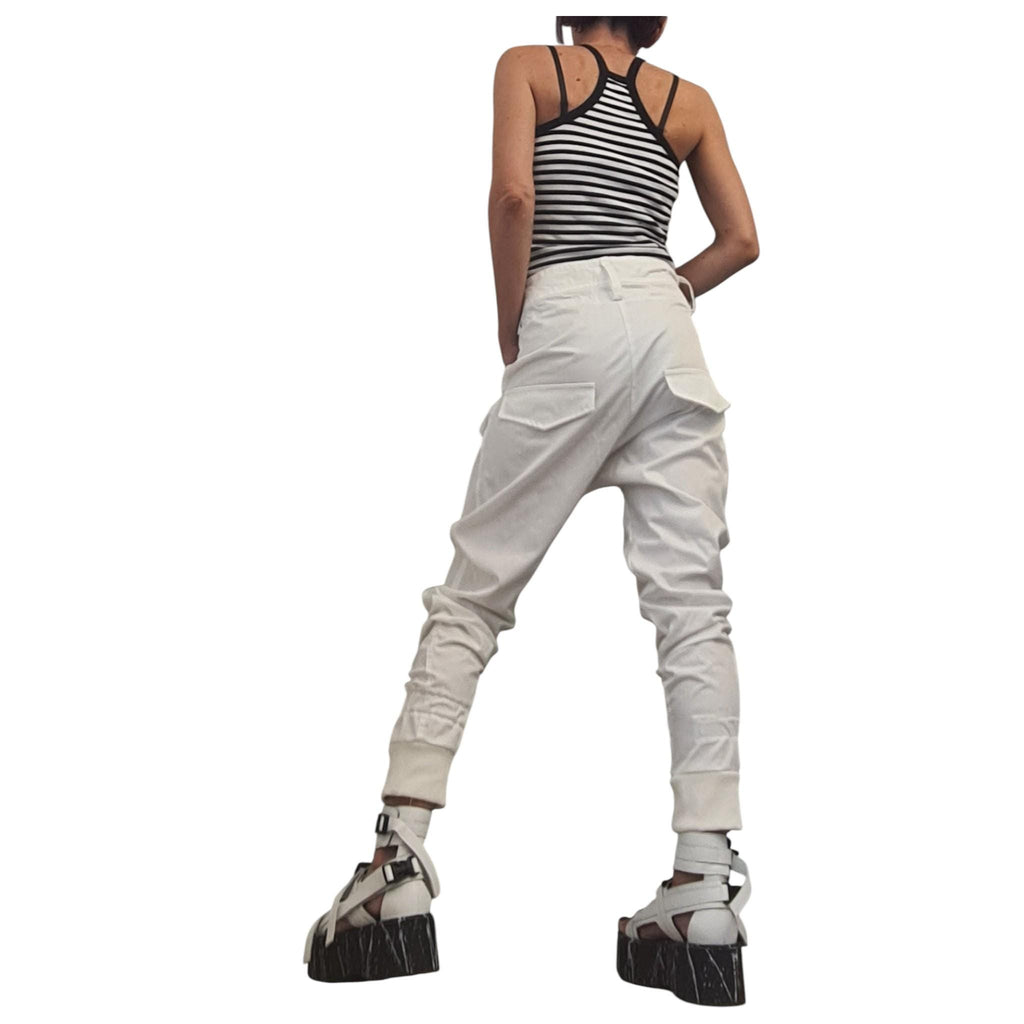 White Cargo Harem Pants, Drop Crotch Tapered Leg, Alternative Bridal Outfit