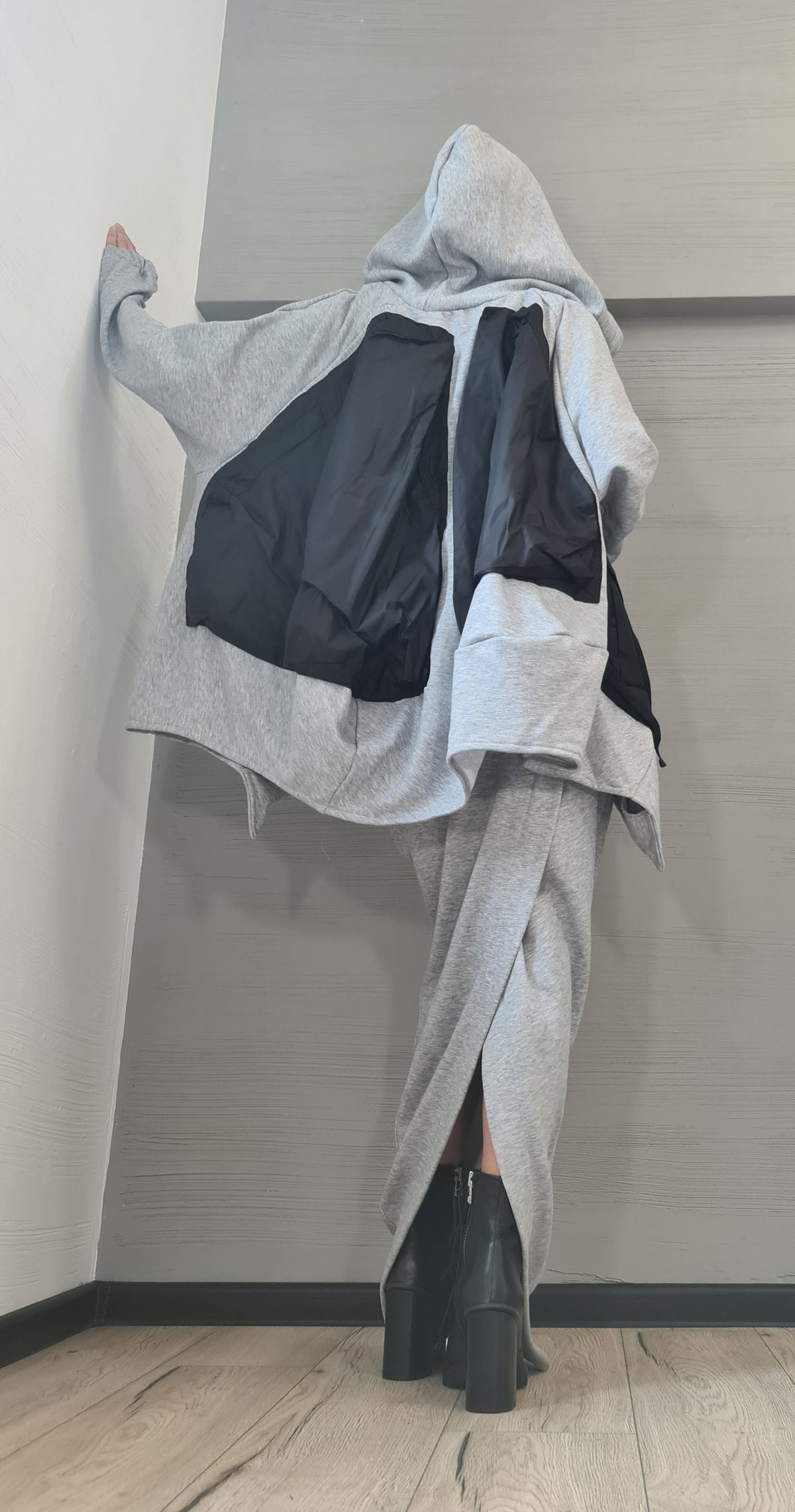 Grey Cotton Maxi Pencil Skirt, Oversized Hooded Sweater, Co-Ord Set
