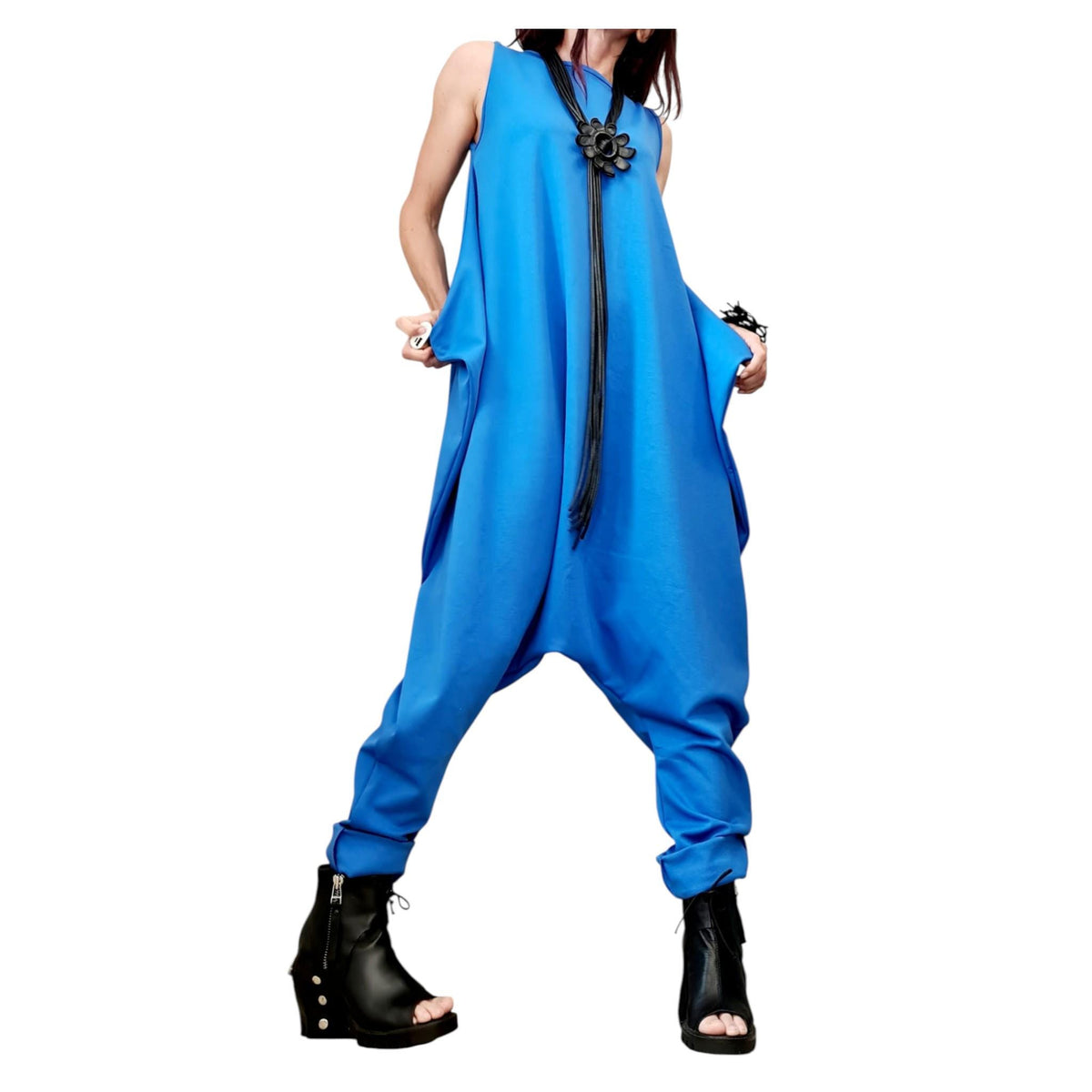 Blue Cotton Harem Jumpsuit, Wrap Jumpsuit, Plus Size