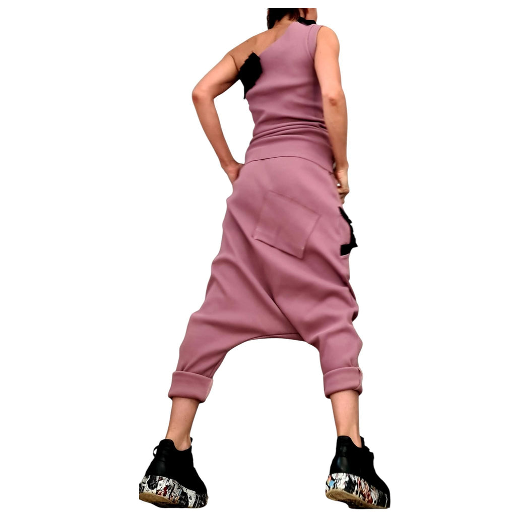 Dusty Rose Cotton Drop Crotch Harem Pants, One-Shoulder Ribbed Top, Black Trim, Co-Ord Set