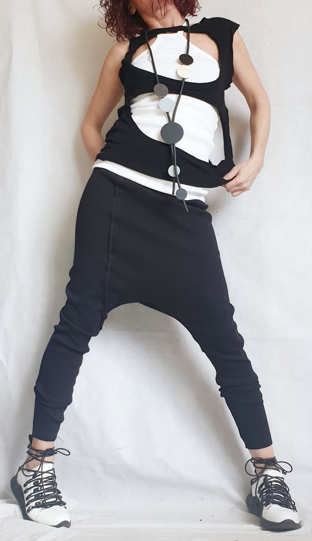 Black Cotton Drop Crotch Harem Pants, Sleeveless Top, Tapered Legs, Co-Ord Set