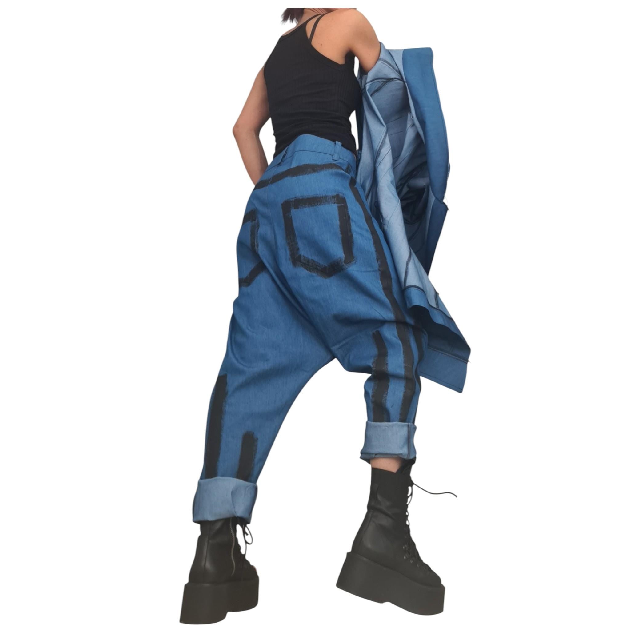 New collection Extravagant Denim Women Costume, Asymmetric Avant Garde Blazer, Women Harem Pants, Deconstructed Futuristic Clothing