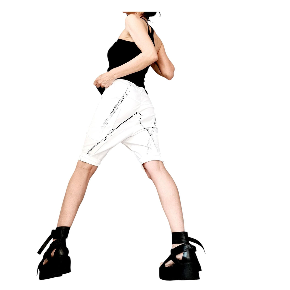 Black Cotton Harem Shorts, Asymmetrical Closure, Paint Splatter
