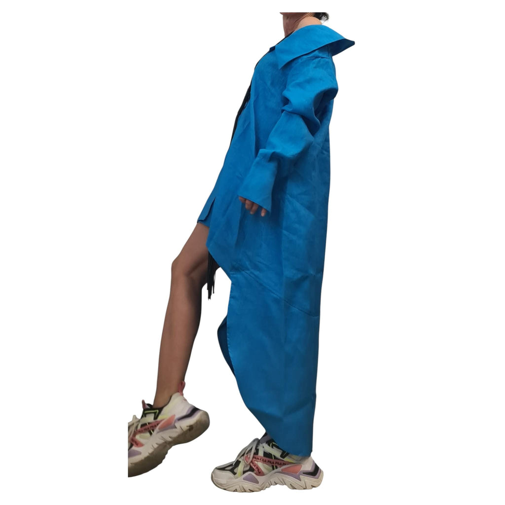 Turquoise Linen Shirt Tunic, High Low Beach Shirt Dress, Long Back Summer Top
