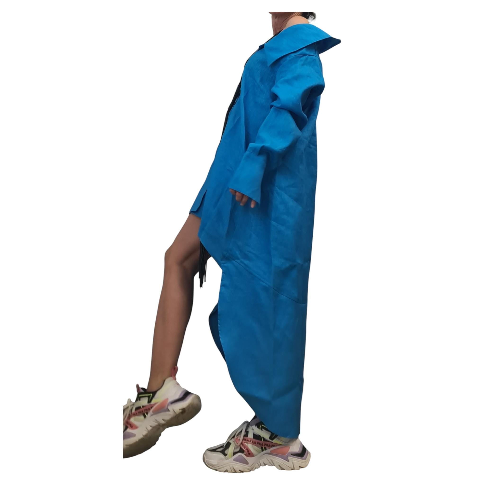 Turquoise Linen Shirt Tunic, High Low Beach Shirt Dress, Long Back Summer Top