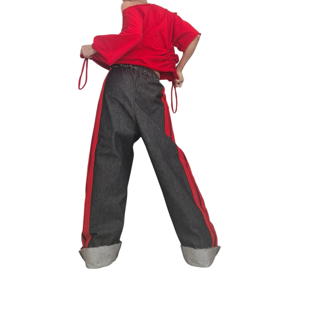 Red Ruched Cotton Blouse, Dark Denim Wide Leg Pants, Side Stripes, Cuffed Co-Ord Set