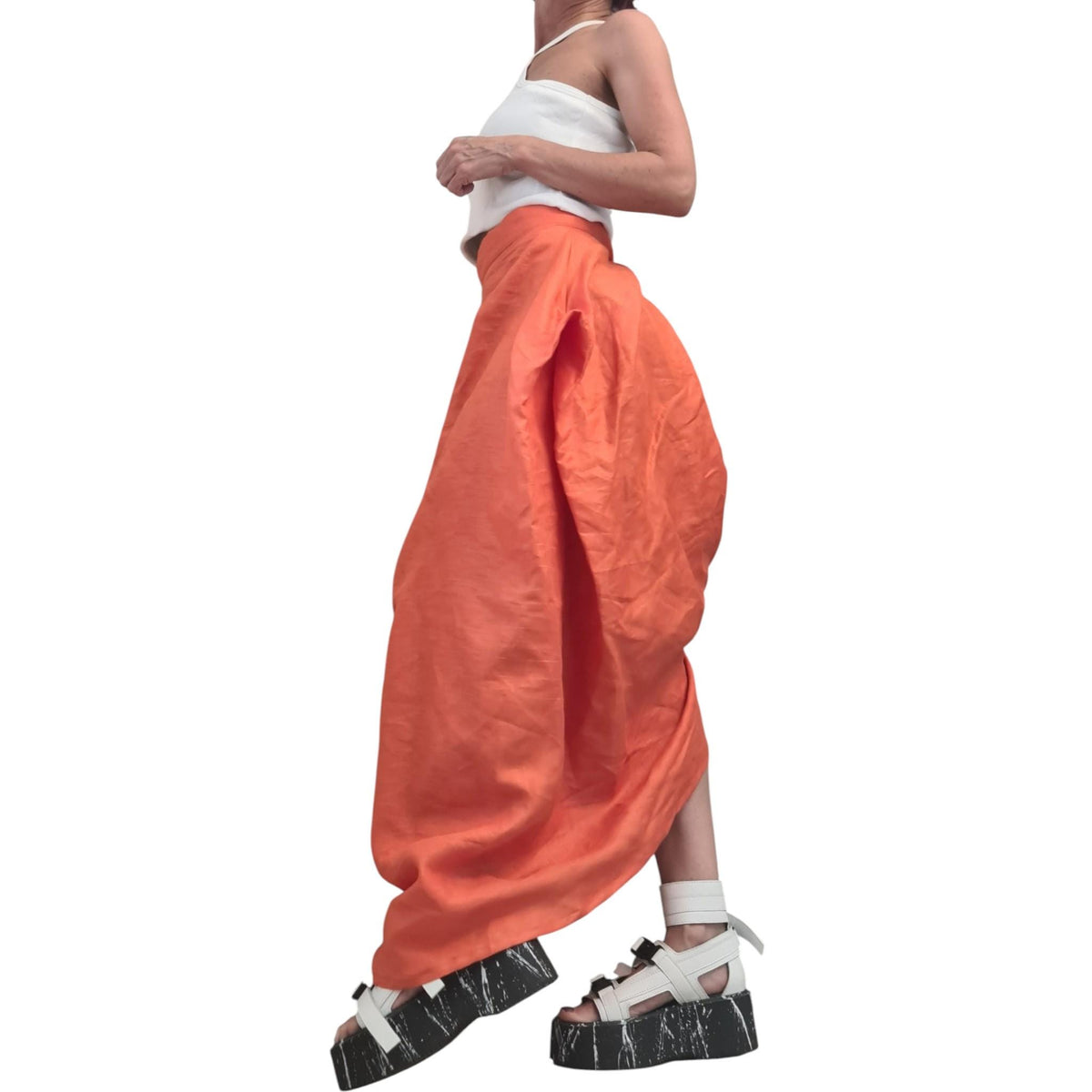Orange Linen Boho Skirt, Asymmetrical Maxi Wrap Bottom, Oversized Loose Summer Clothing