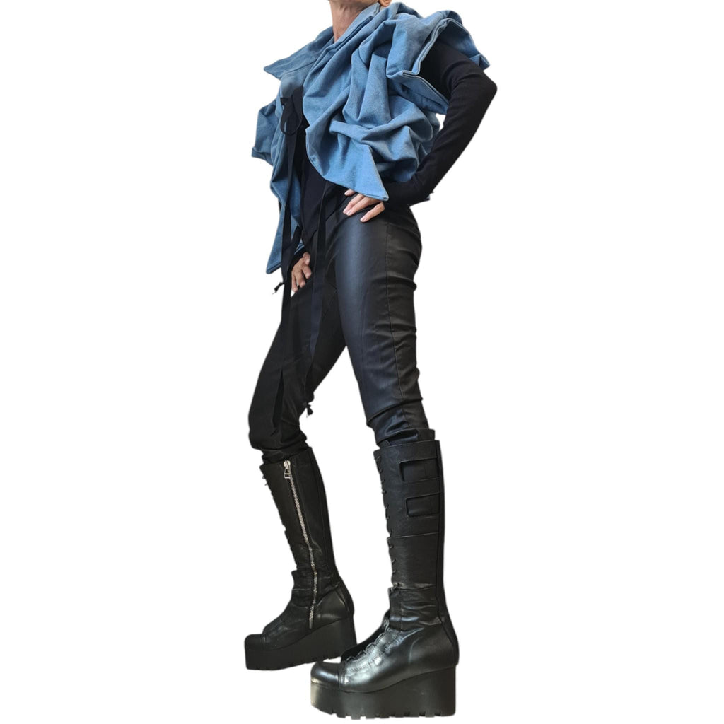 Denim Extravagant Jacket, Avant-Garde Denim Jacket, Light Blue Asymmetric Jacket with Ruffles, Handmade Statement Short Coat