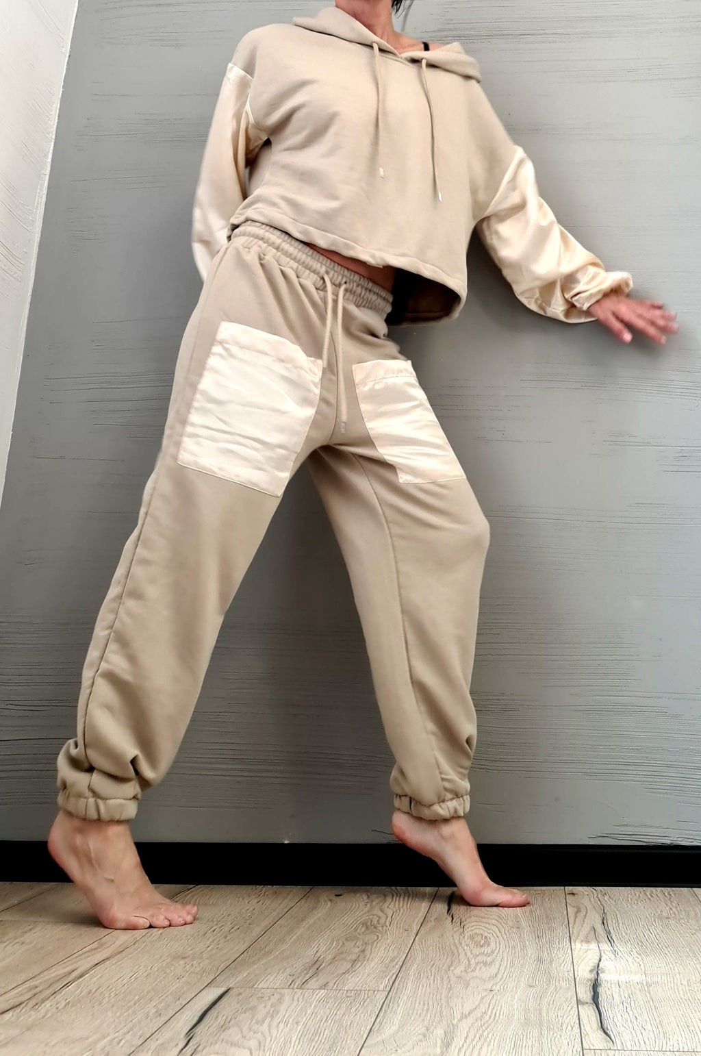 Beige Cotton Jogger Pants, Satin Patch Pockets, Oversized Off Shoulder Hoodie, Two-Piece Co-Ord Set