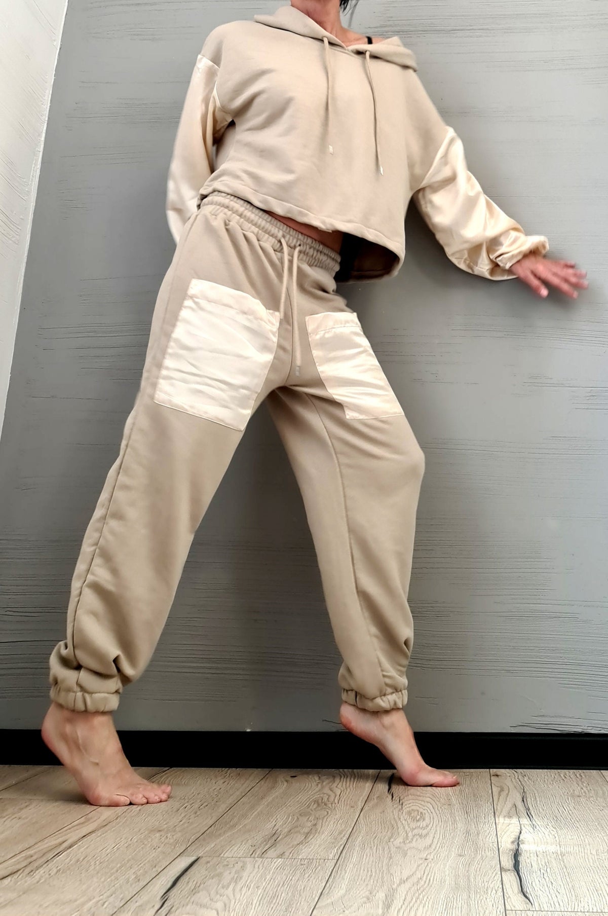 Beige Cotton Jogger Pants, Satin Patch Pockets, Oversized Off Shoulder Hoodie, Two-Piece Co-Ord Set