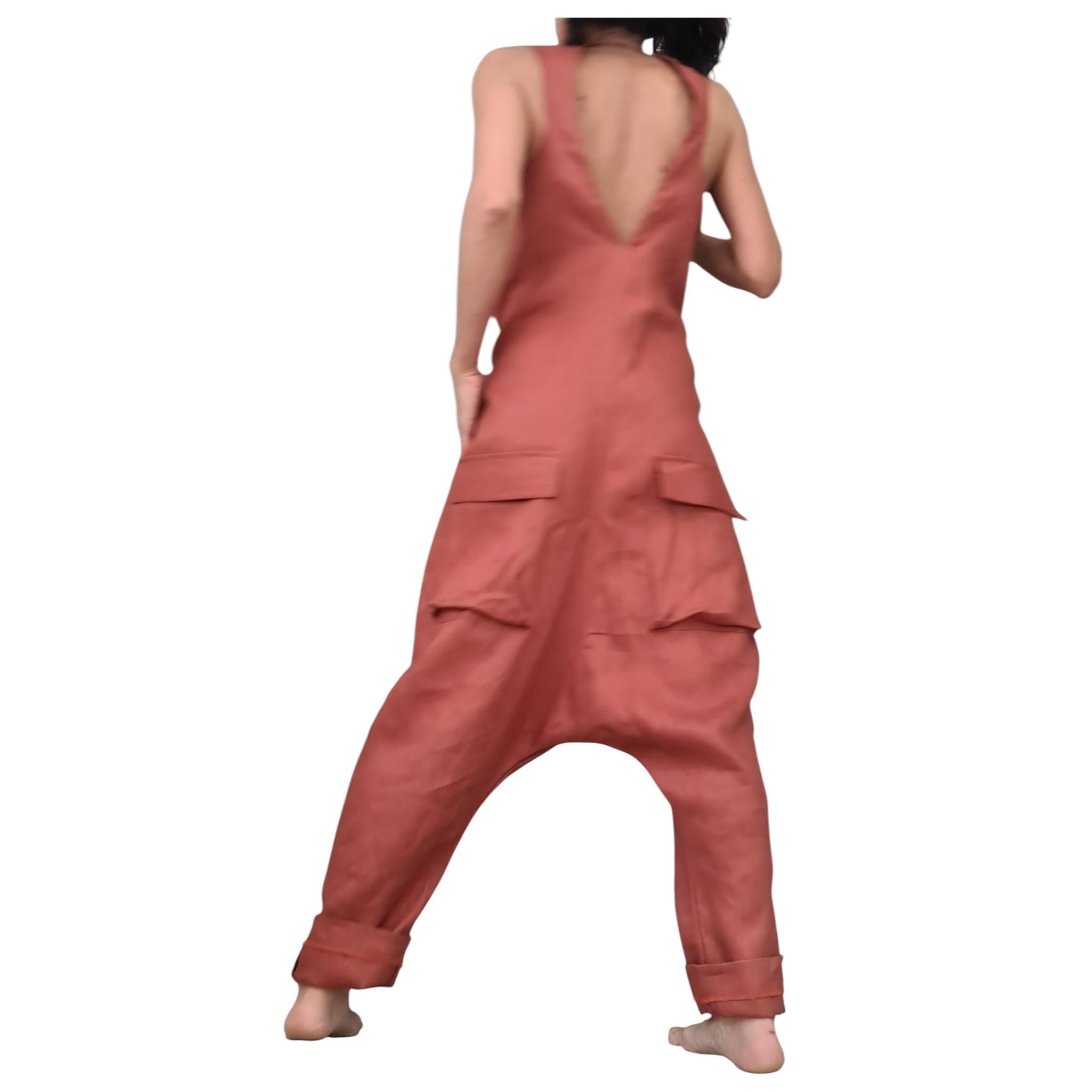 Terracotta Linen Jumpsuit, Asymmetric Harem Overall, Wide Leg Sleeveless Jumpsuit, Oversized Clothing for Women