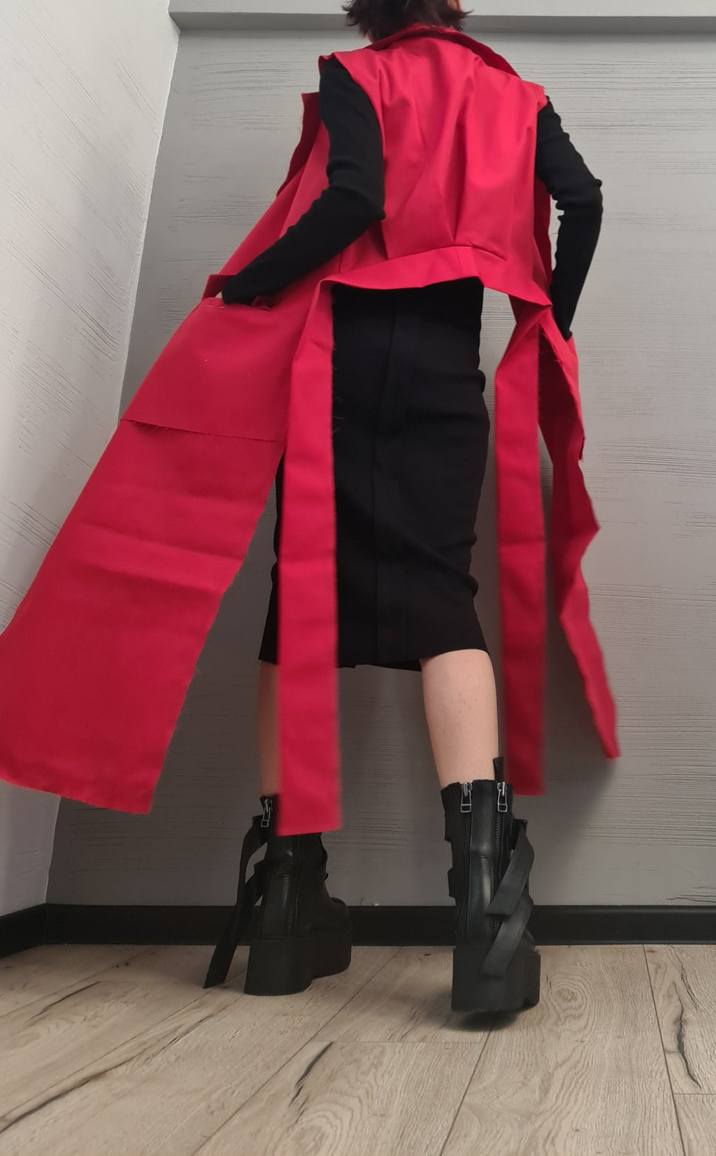 Red Asymmetric Vest, Short Back and Long Length Front Panels, High Collar, Plus Size