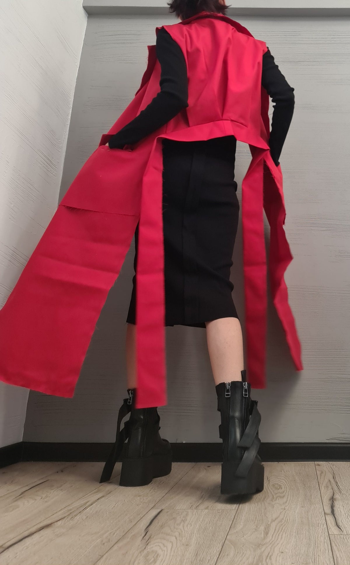 Red Asymmetric Vest, Short Back and Long Length Front Panels, High Collar, Plus Size