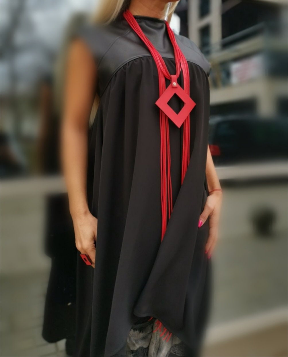 Red Geometric Necklace, Avant Garde Jewelry