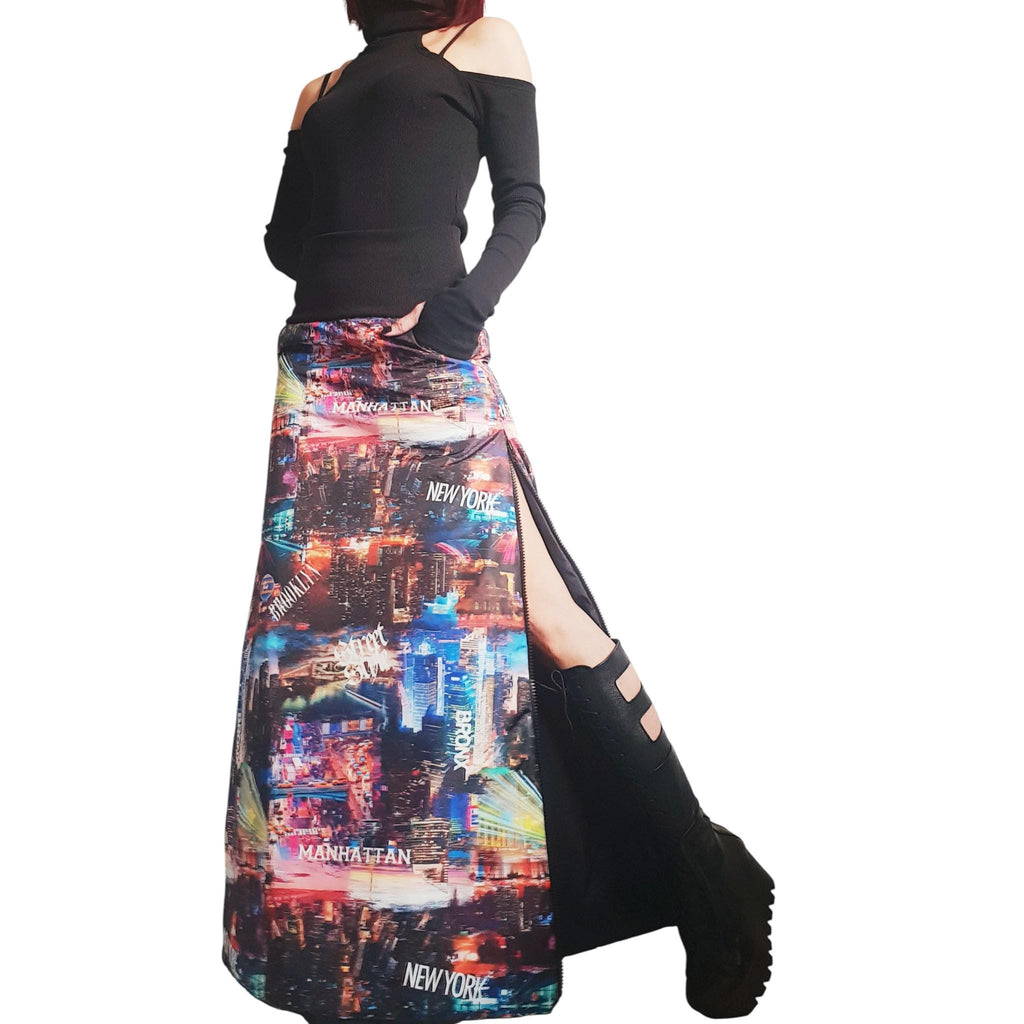 Asymmetric Winter Skirt, New York City Print, Gothic Style A-Line Skirt