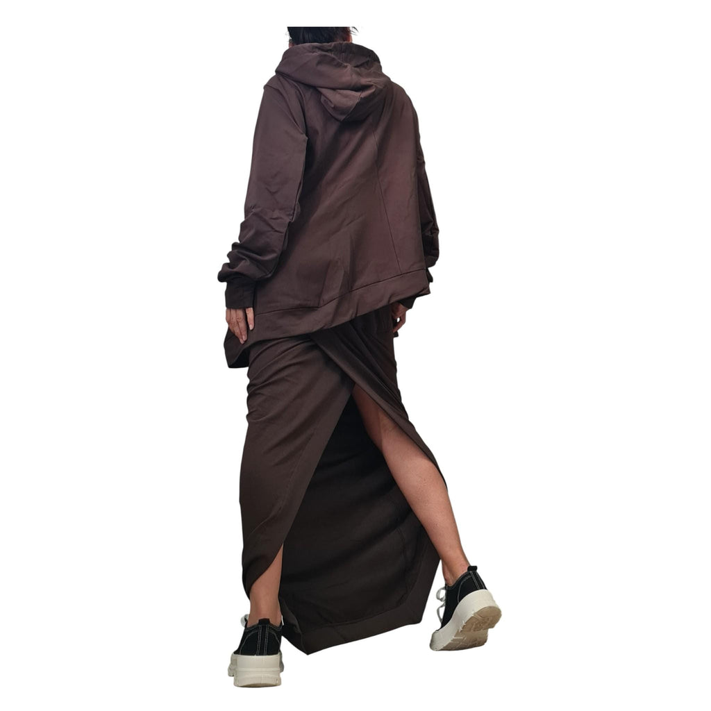 Brown Cotton Wrap Maxi Skirt, Oversized Asymmetrical Hooded Tunic, Two-Piece Co-Ord Set, Plus Size