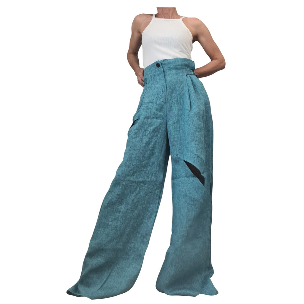 Turquoise Linen Harem Pants, Adjustable Waist, Wide Leg Trousers