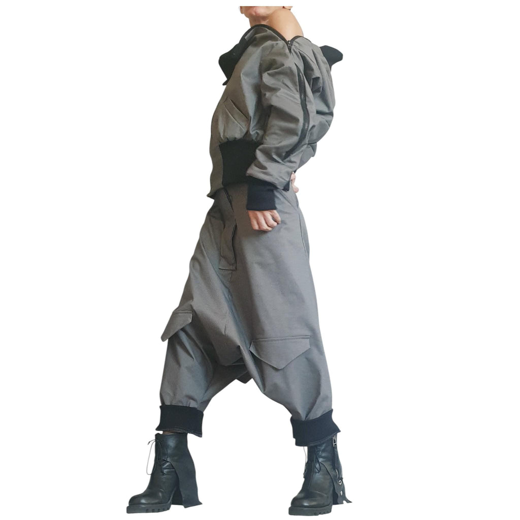 Grey Cropped Winter Bomber Jacket, Off Shoulder Neckline, Back Zip Opening