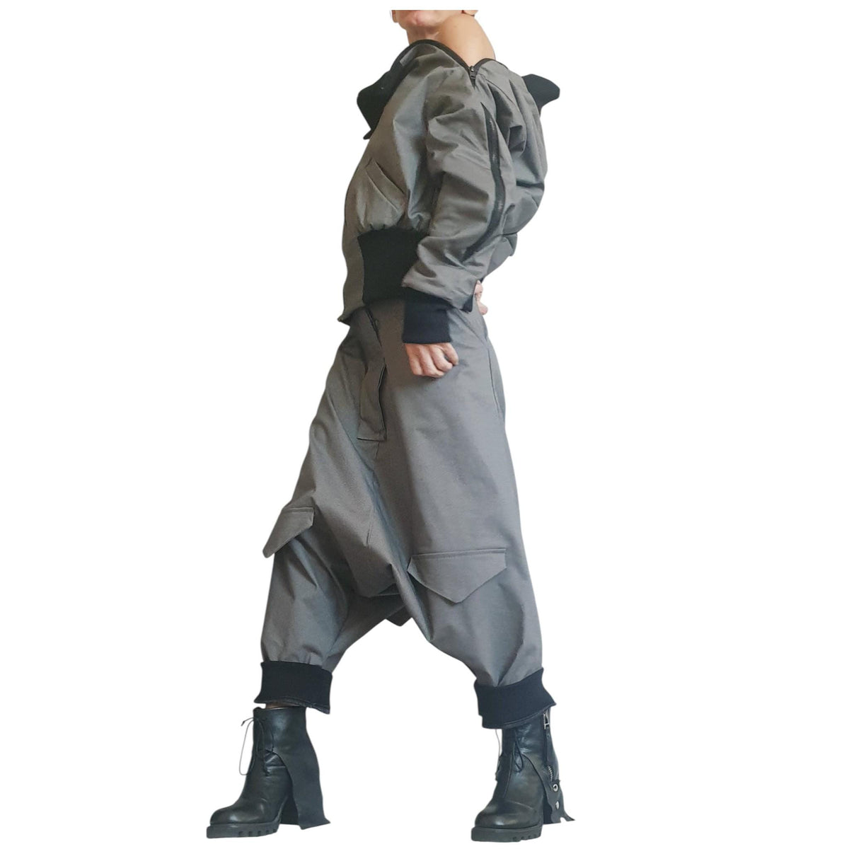 Grey Cropped Winter Bomber Jacket, Off Shoulder Neckline, Back Zip Opening