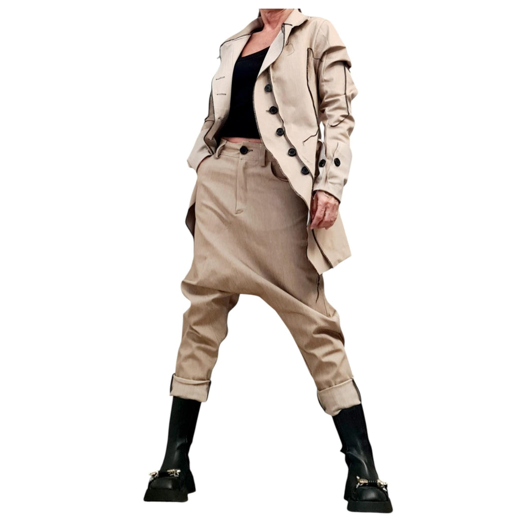 Extravagant Denim Women Costume, Asymmetric Avant Garde Blazer, Cargo Pants