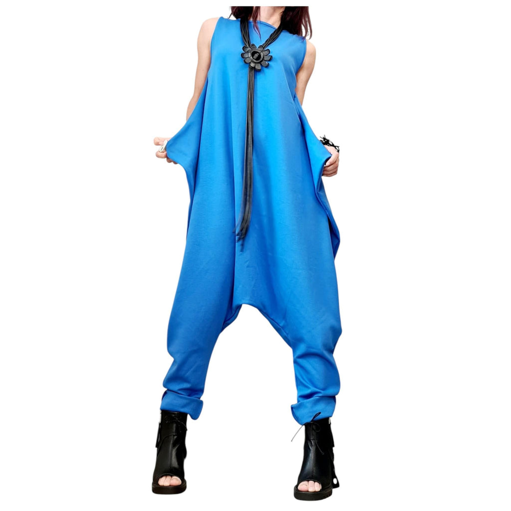 Blue Cotton Harem Jumpsuit, Wrap Jumpsuit, Plus Size