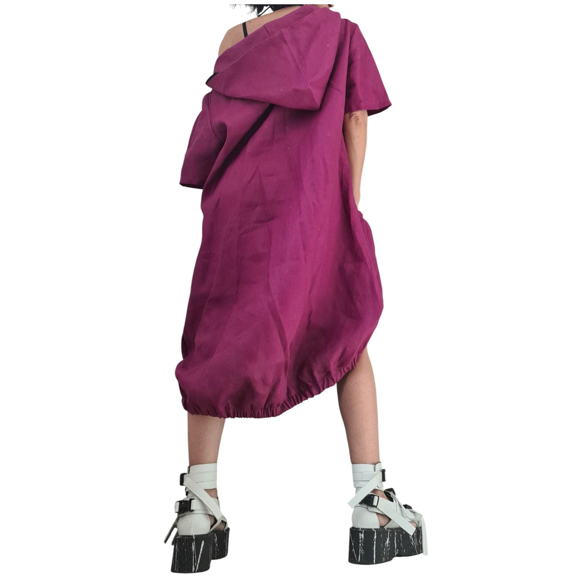 Plum Purple Linen Dress, Hooded Asymmetric Off Shoulder Dress, Oversized Short Sleeve