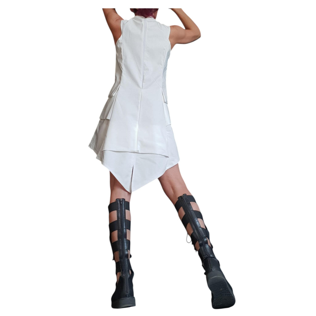 White Asymmetric Extravagant Dress, Plus Size Clothing, Sleeveless Gown