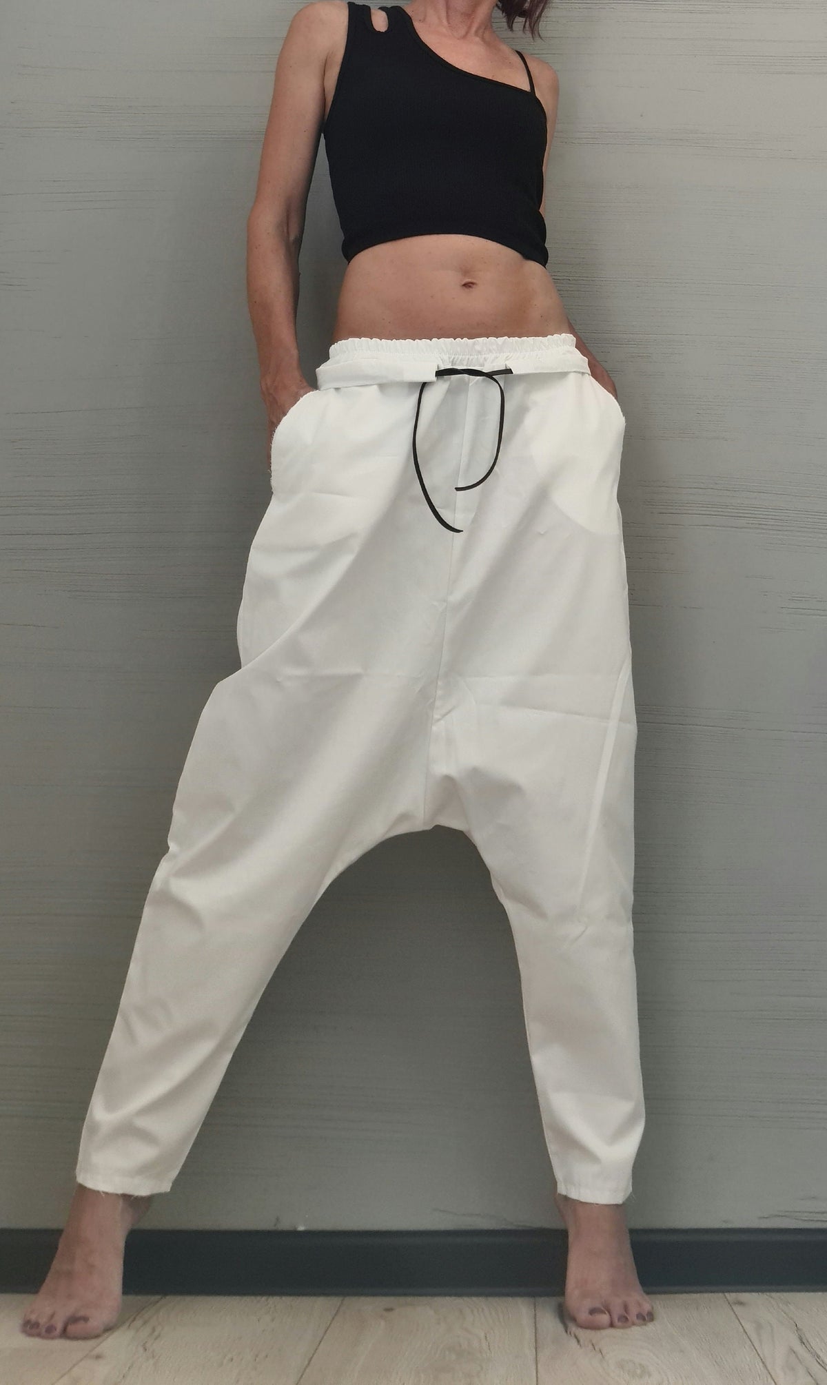 White Cotton Harem Trousers, Drop Crotch Pants
