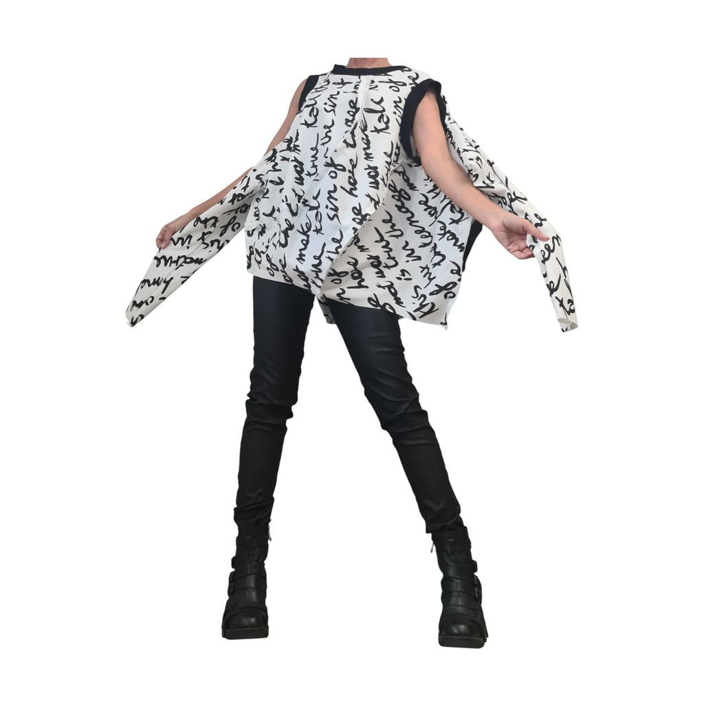 White Asymmetrical Cotton Tunic with Black Lettering | Deconstructed Oversize Top