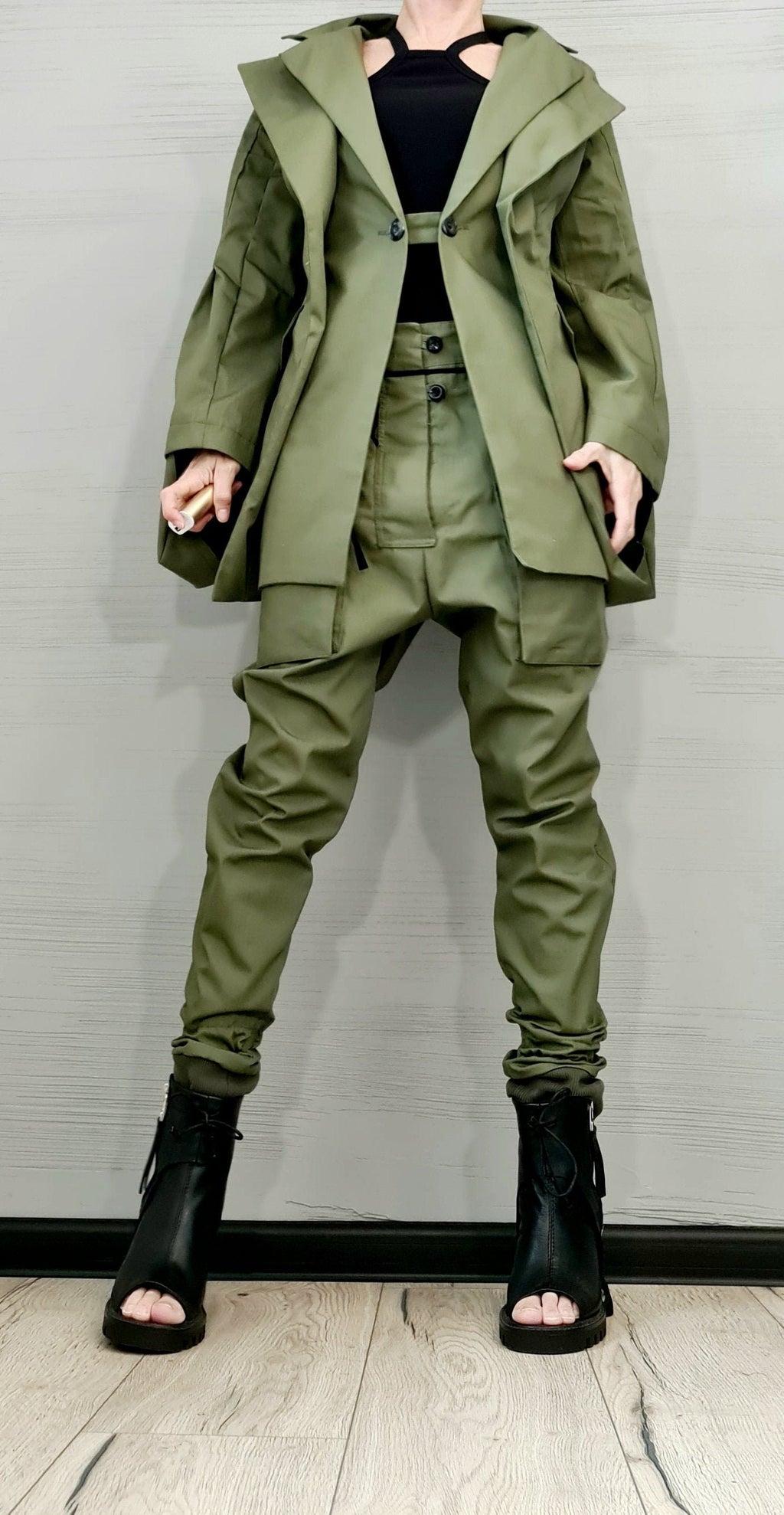 Purple Cotton Cargo Pants, Asymmetrical Deconstructed Tailored Blazer, Bell Sleeves, Two-Piece Co-Ord Set
