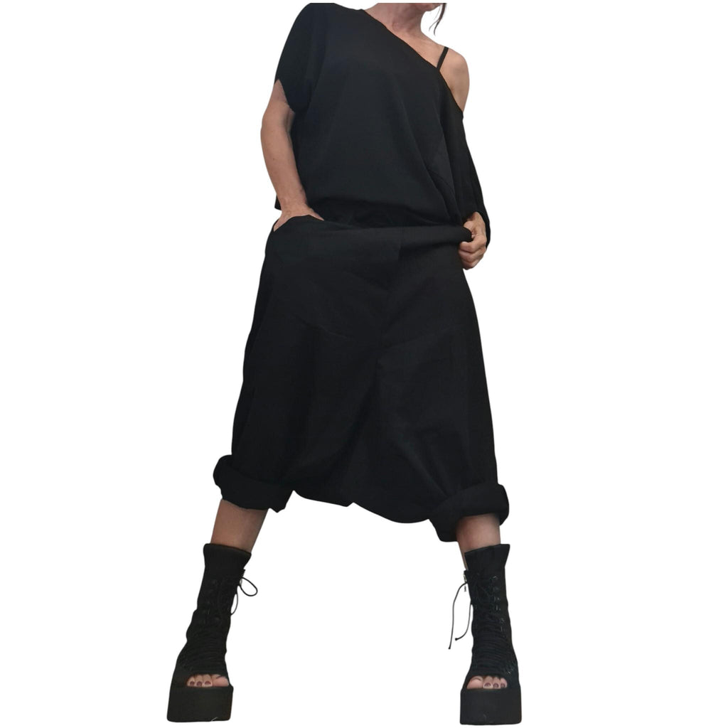 Black Gothic Harem Jumpsuit, Loose Drop Crotch Overall, Open Back Sleeveless Oversize Romper