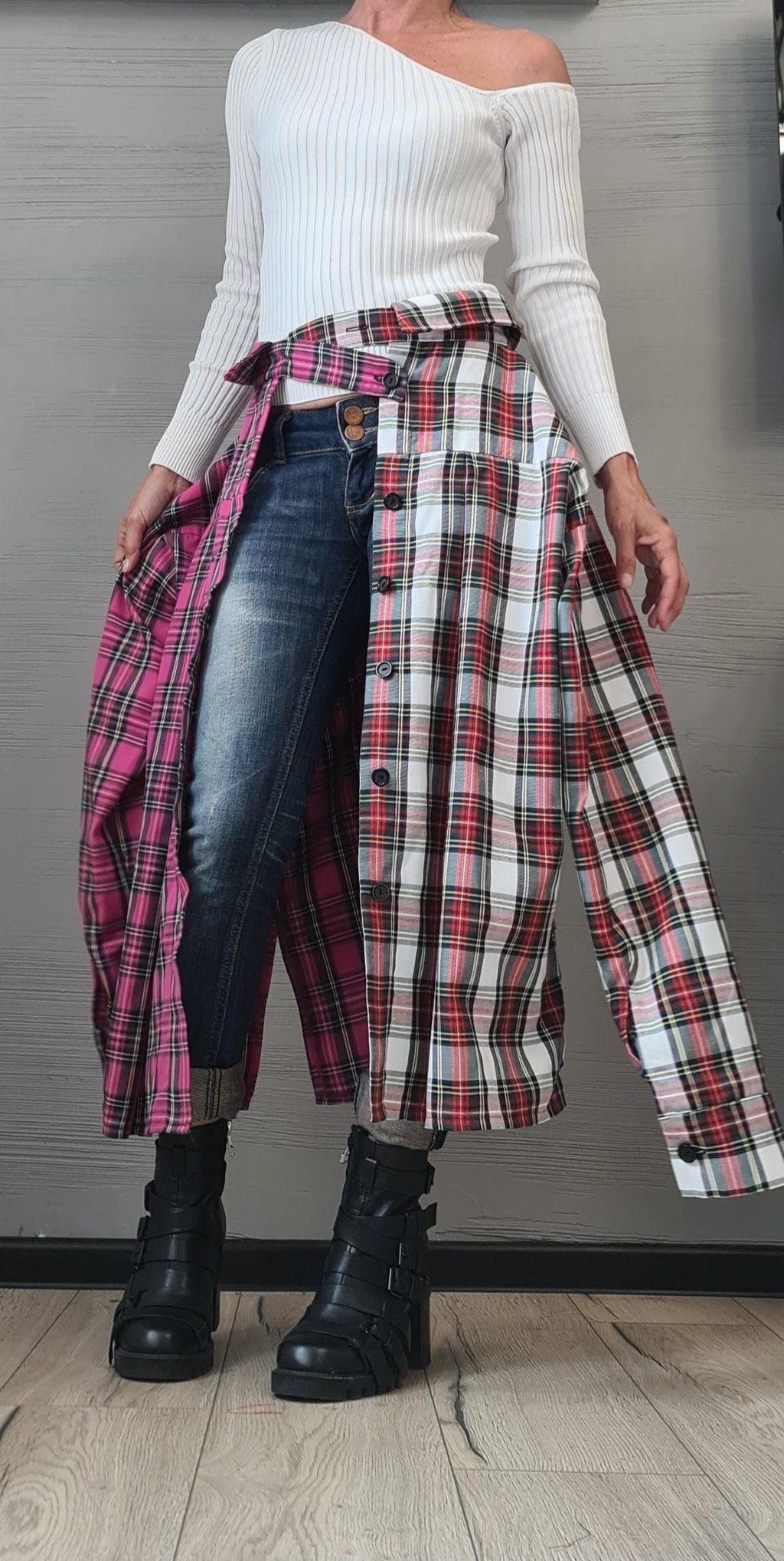 Deconstructed Plaid Cotton Tunic, Asymmetric Avant Garde Shirt, Women’s Clothing