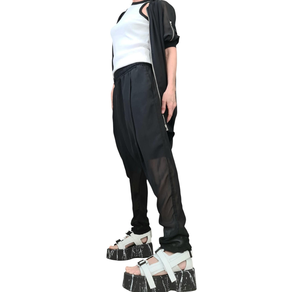 Black Chiffon Harem Pants with Cotton Shorts, Loose Asymmetrical Sweatshirt, Two Piece Co-Ord Set