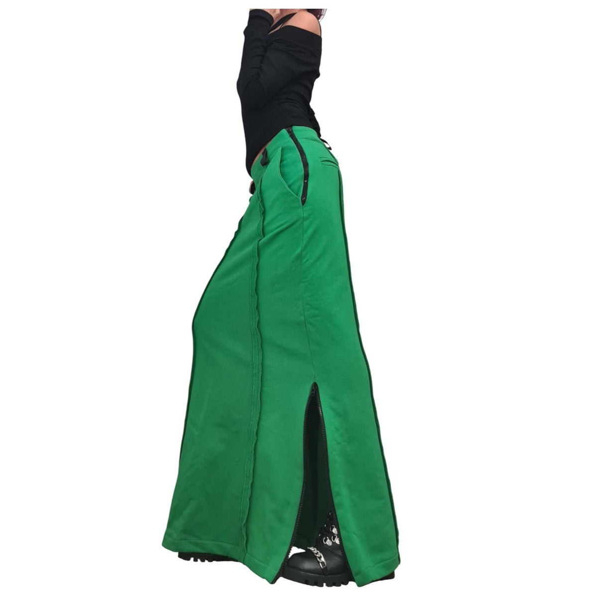 Green Long Slit Skirt, Cotton A Line Skirt, Avant Garde Style