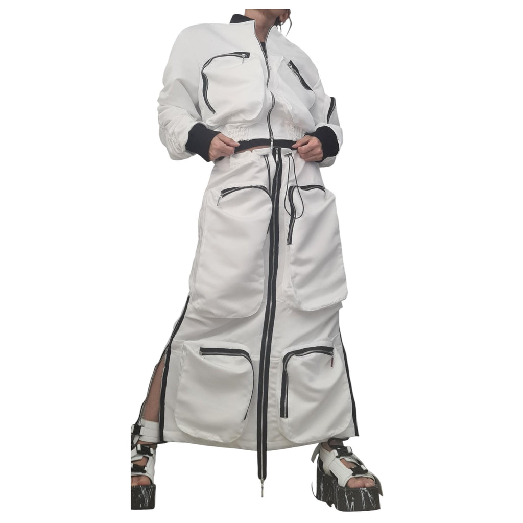 Black Cotton Sateen Cargo Maxi Skirt, Cropped Bomber Jacket, Zip Pockets, Two-Piece Co-Ord Set