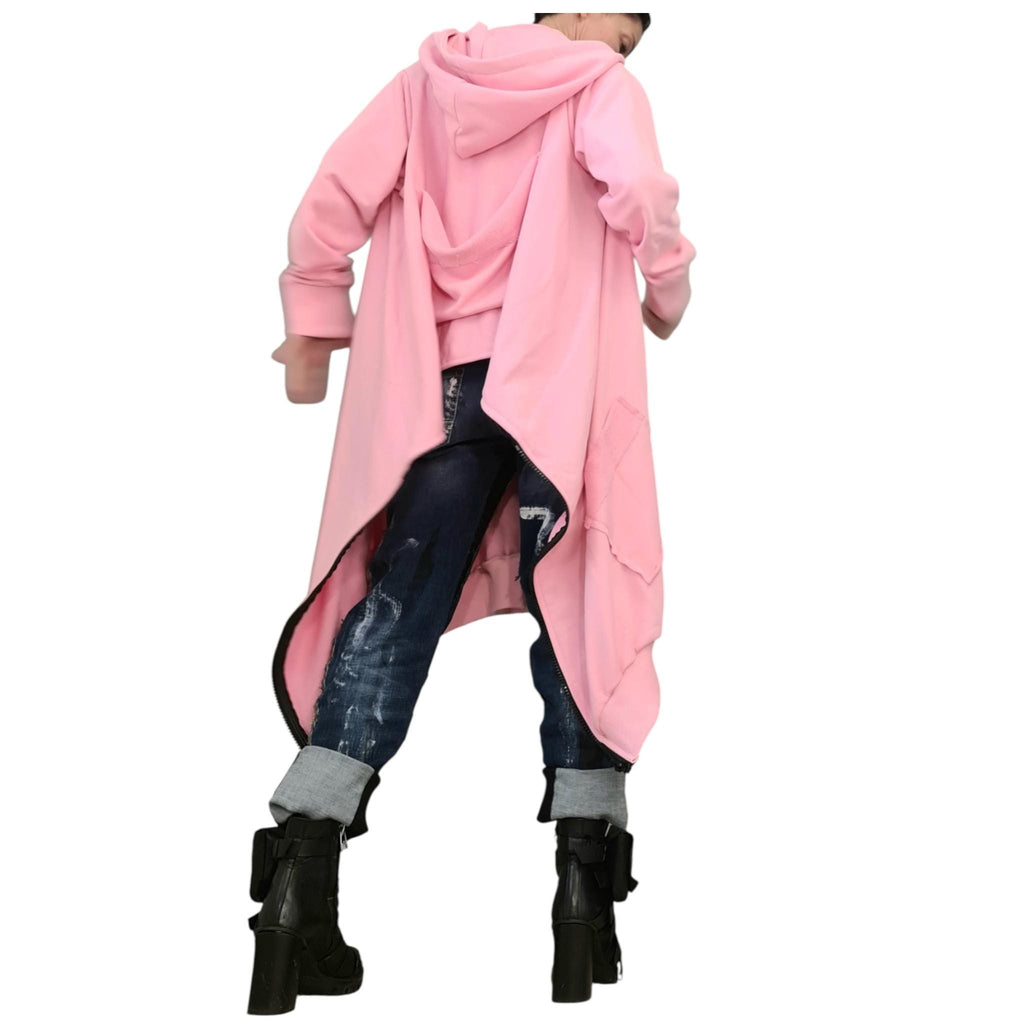 Pink Asymmetrical Hooded Sweatshirt, Cropped Back Cotton Jacket, Long Side Panels
