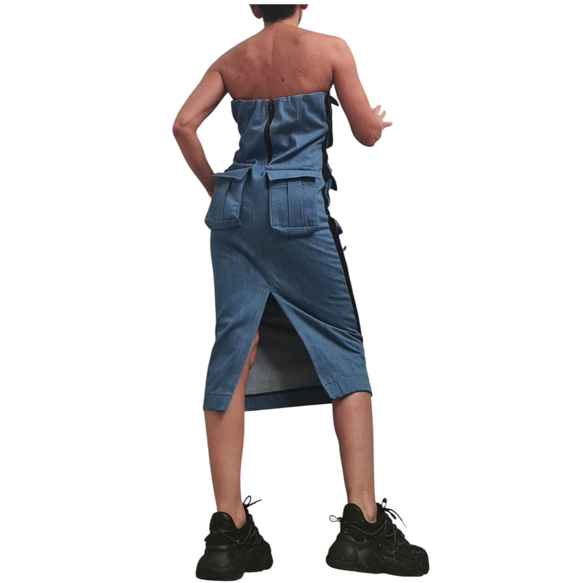 Denim Pencil Dress, Avant Garde Style, Outer Pocket Detail, Cargo Dress for Women