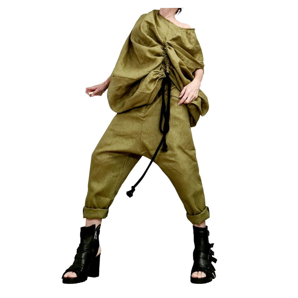 Military Green Linen Set – Avant Garde Drop Crotch Pants and Tunic