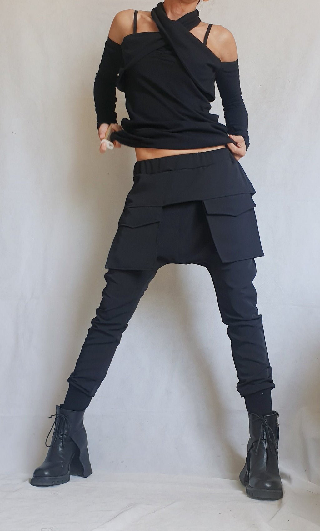 Black Drop Crotch Pants, Cargo Skirt Overlay, Tapered Leg