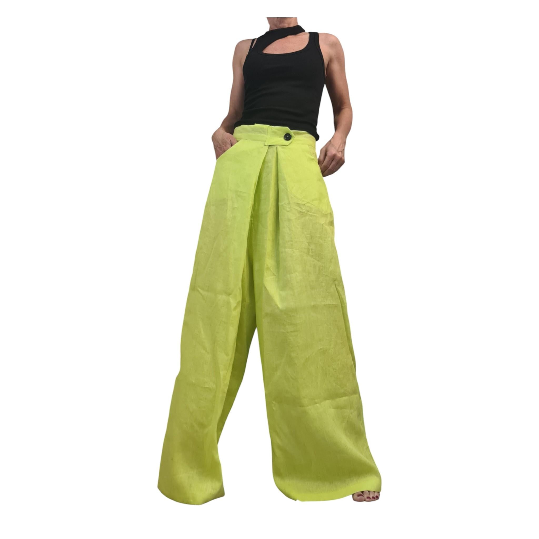 Lime Linen Drop Crotch Pants Womens Avant Garde Harem Trousers Designer Clothing