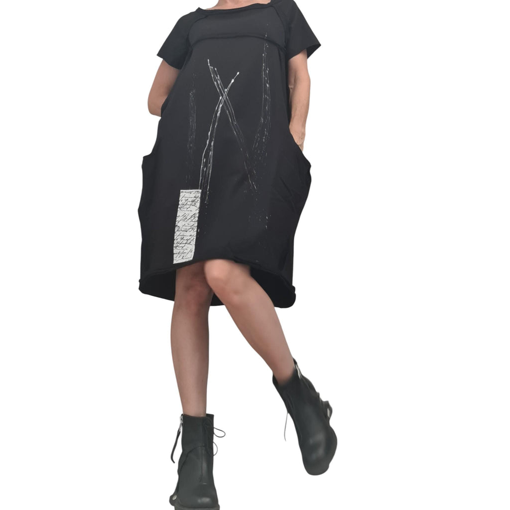 Black French Terry Short Sleeve Dress, One Shoulder Asymmetric Gothic Tunic, Oversized Fit