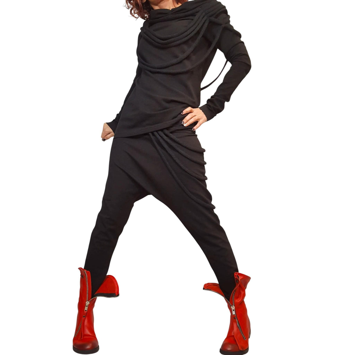 Black Cotton Drop Crotch Harem Pants, Fitted Draped Cowl Neck Top, Two-Piece Co-Ord Set