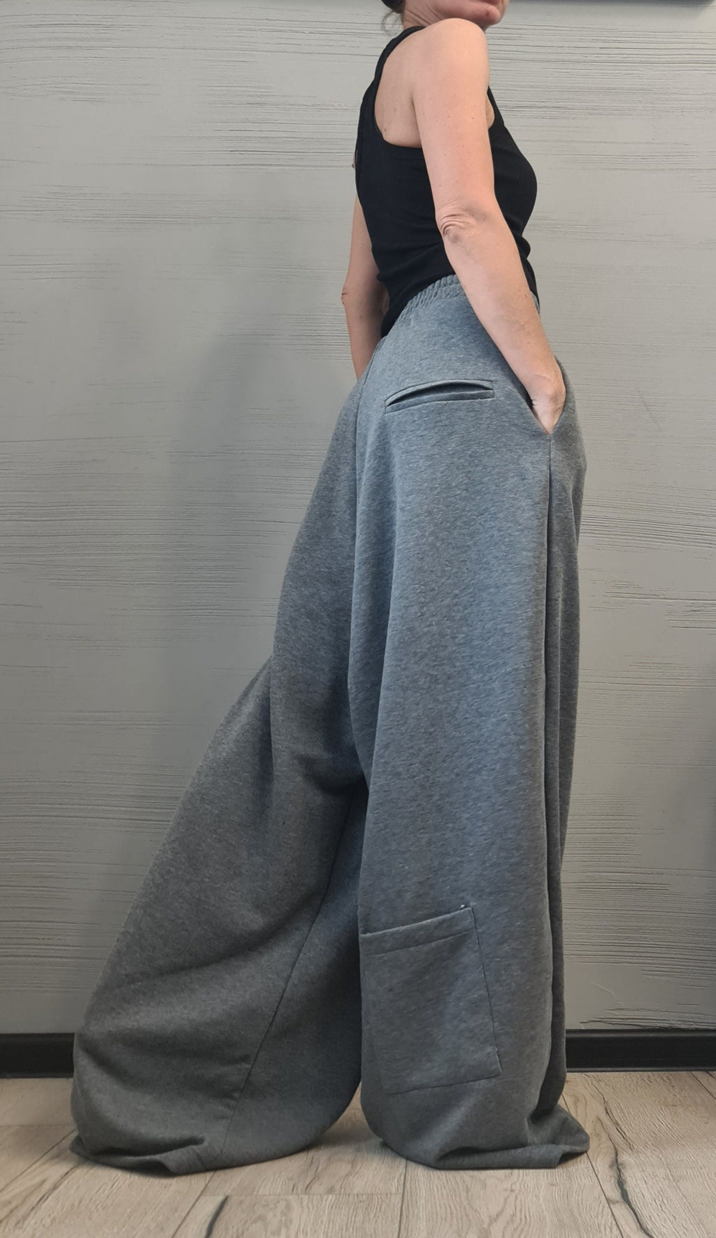 Grey French Terry Pants, Drop Crotch Wide Leg Trousers, Plus Size