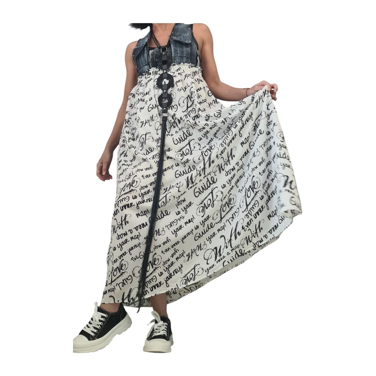 Denim Maxi Dress with Chiffon Skirt, Open Back Dress, Oversized Avant Garde Clothing