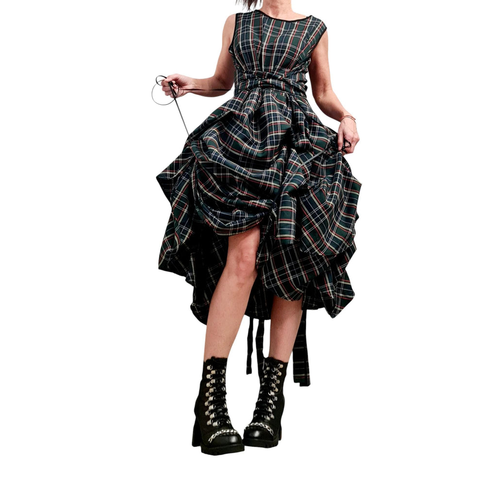 Dark Green Tartan Asymmetric Gown | Sleeveless Knee-Length Dress with Adjustable Skirt
