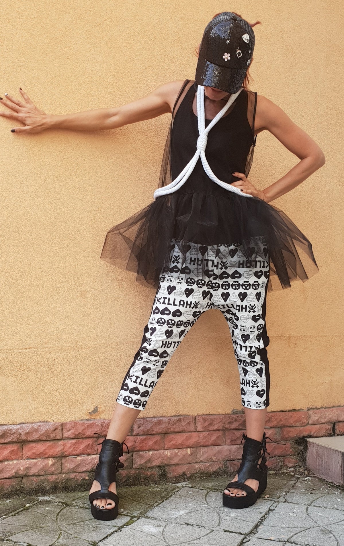 White Graphic Print Pants, Black Side Panels, Cropped Leg