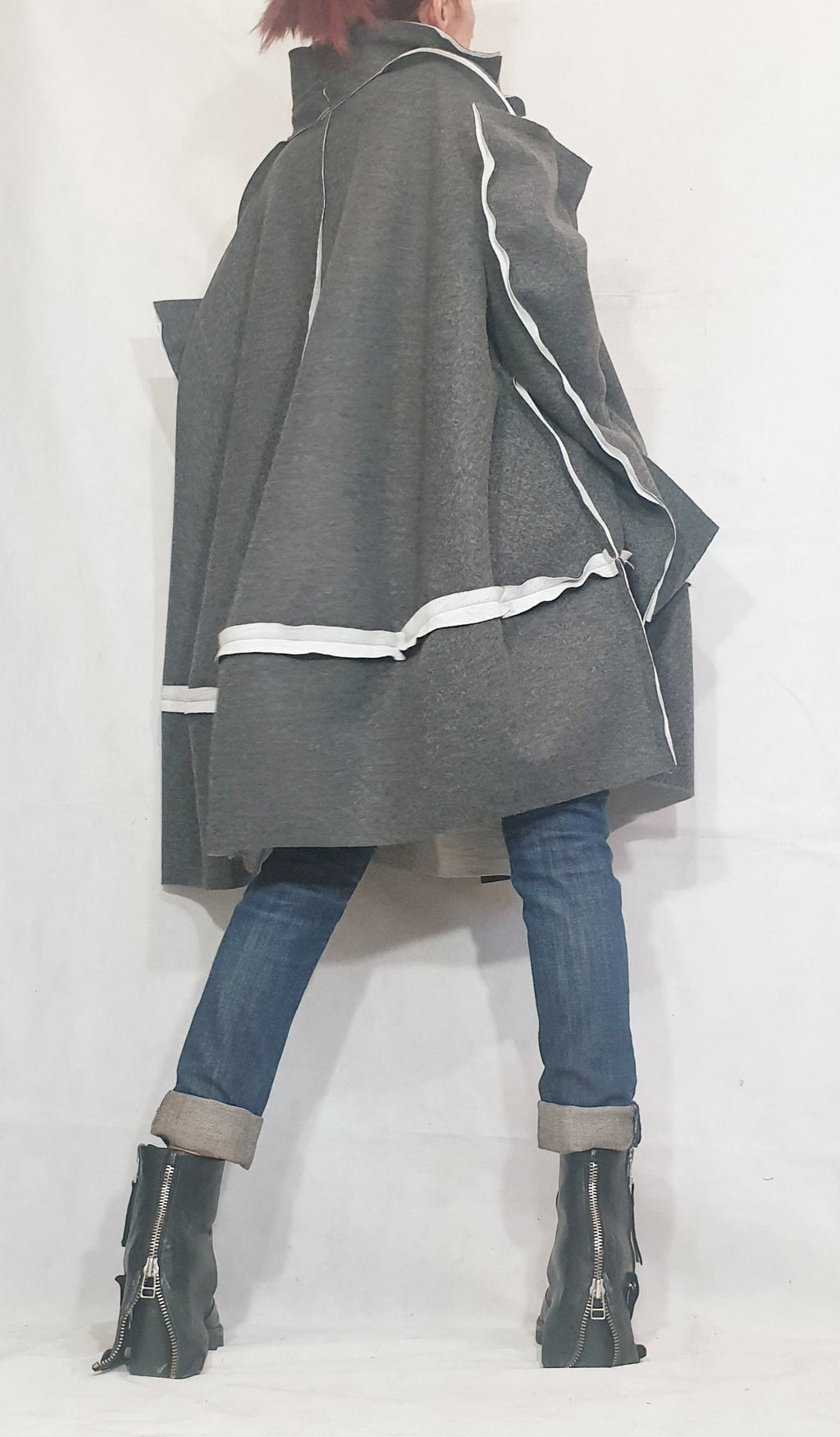 Grey Oversized Cape Coat, Asymmetric Hem, Wide Sleeves, Button Front, Contrast Trim, Plus Size