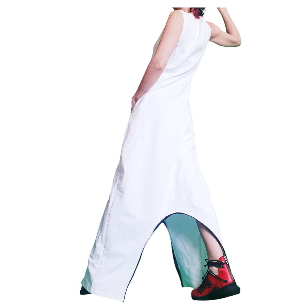 White Convertible Jumpsuit Dress, Loose Fit Overall, Plus Size Clothing, Women Outfit