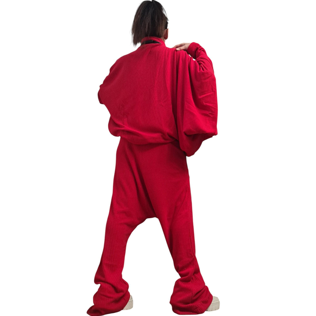 Red Knit Straight Leg Pants, Asymmetrical Batwing Turtleneck Top, Two-Piece Co-Ord Set, Plus Size